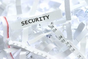 shredded pieces of paper with the word "security" written on one