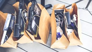 a row of bags with products inside